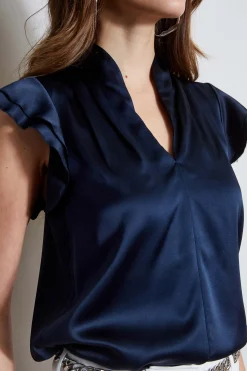 Elie Tahari Silk Satin Flutter Sleeve Shirt- Tops & Sweaters