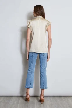Elie Tahari Silk Satin Flutter Sleeve Shirt- Tops & Sweaters