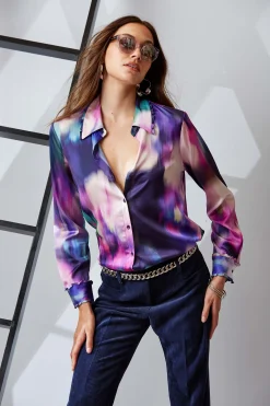 Elie Tahari Silk Satin Moire Floral Shirt- Tops & Sweaters