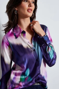 Elie Tahari Silk Satin Moire Floral Shirt- Tops & Sweaters