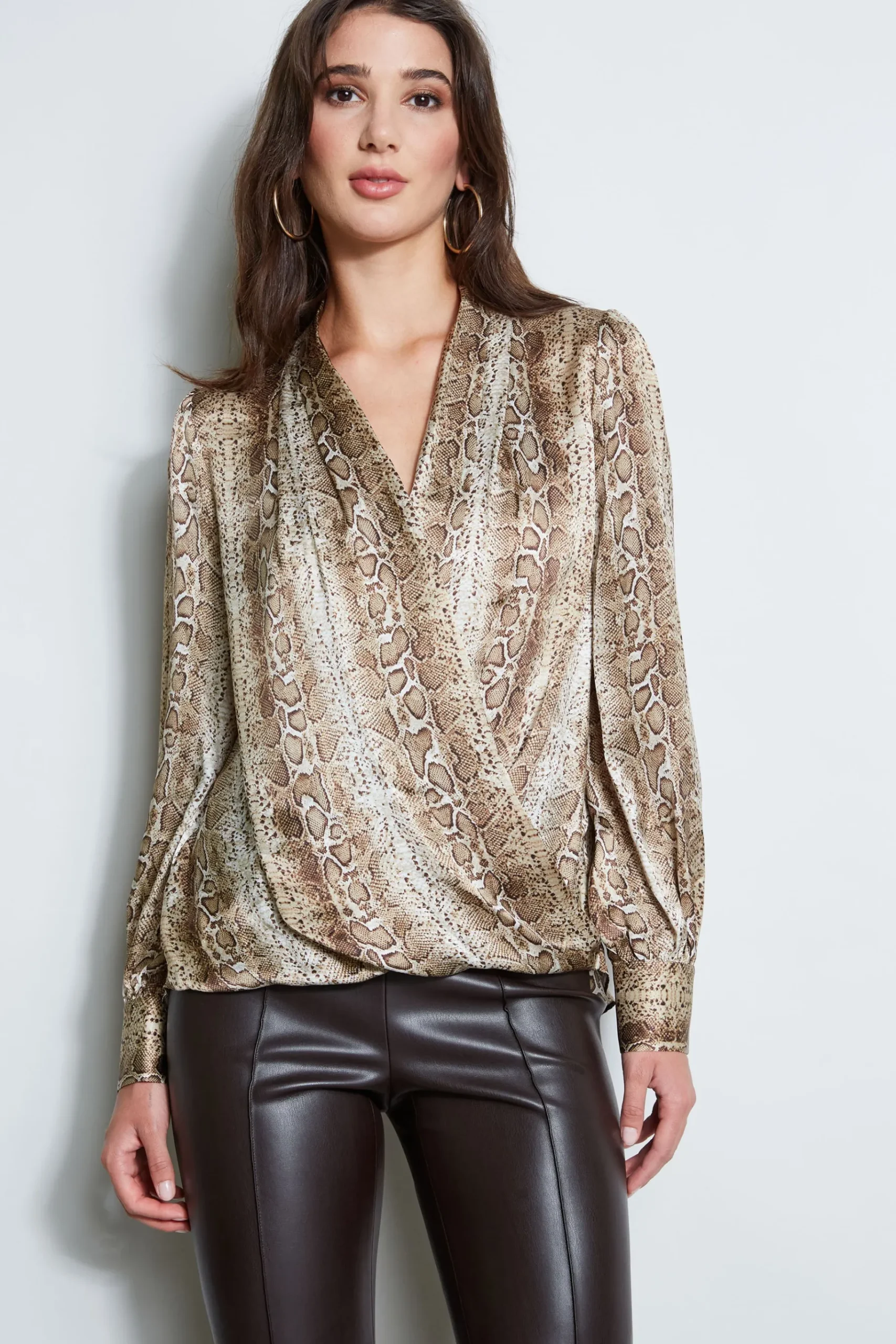 Elie Tahari Silk Satin Python Draped Shirt- Tops & Sweaters