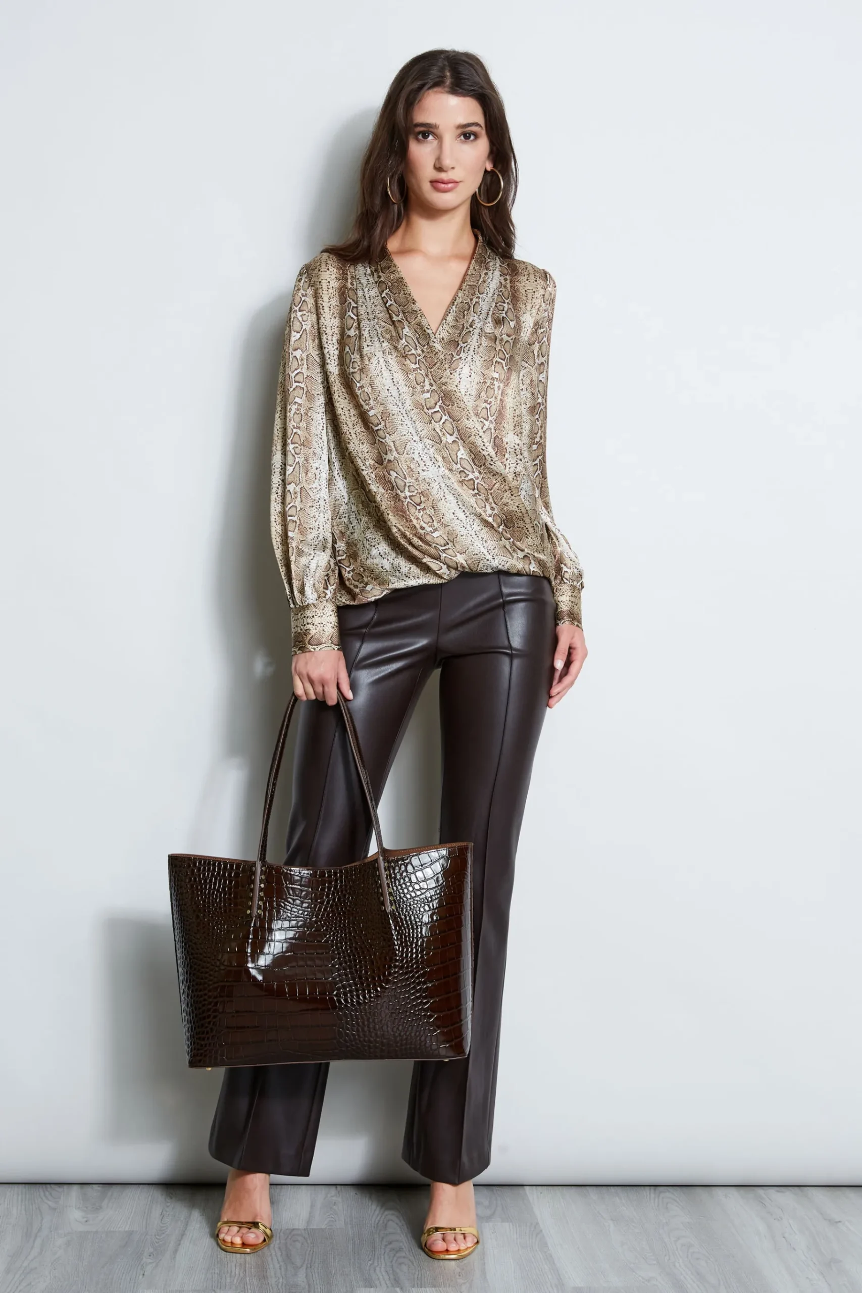Elie Tahari Silk Satin Python Draped Shirt- Tops & Sweaters