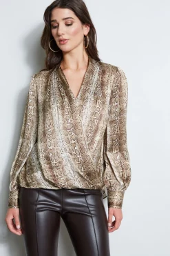 Elie Tahari Silk Satin Python Draped Shirt- Tops & Sweaters