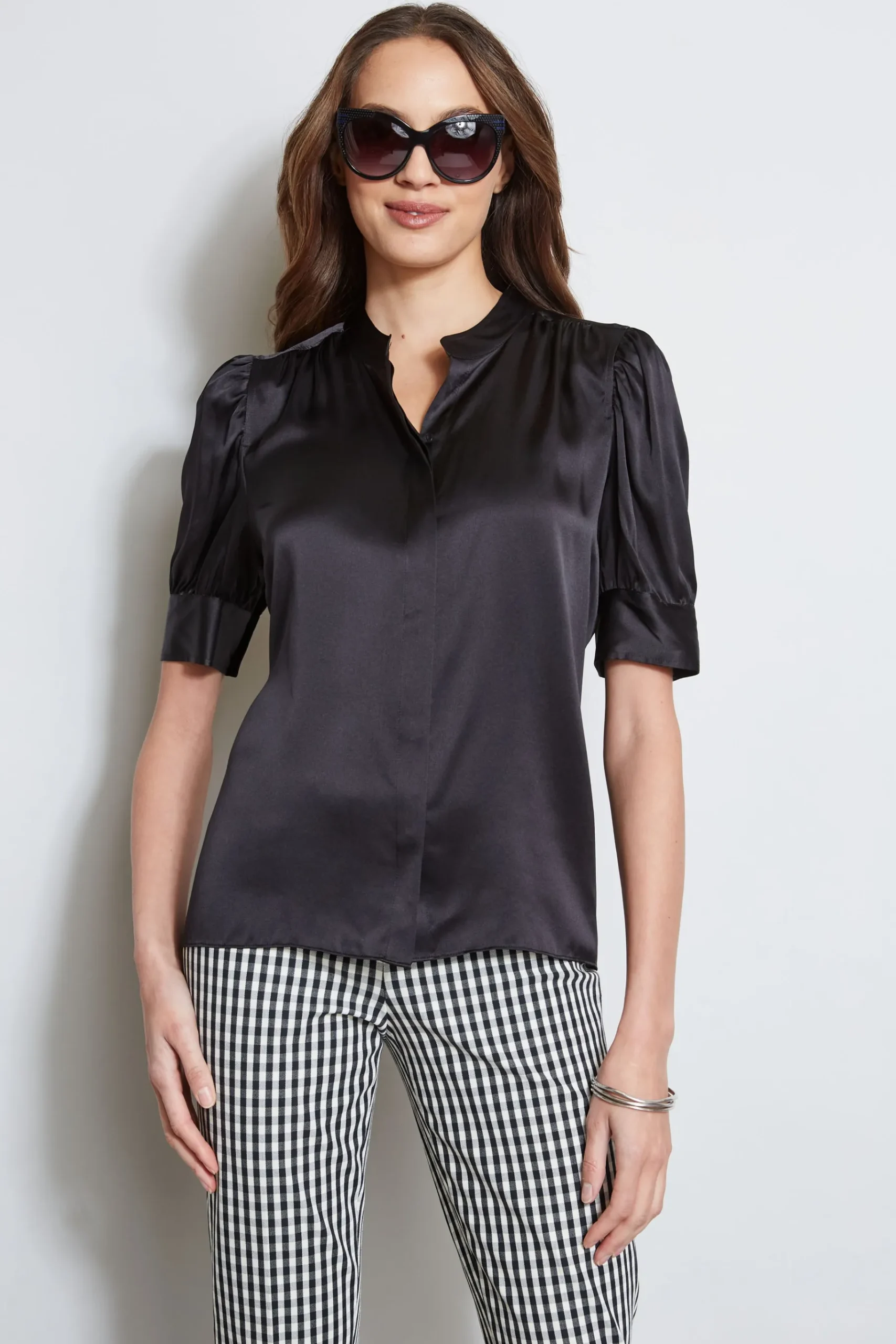 Elie Tahari Silk Satin Ruched Sleeve Shirt- Tops & Sweaters