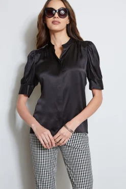 Elie Tahari Silk Satin Ruched Sleeve Shirt- Tops & Sweaters