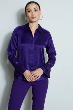 Elie Tahari Silk Satin Ruffle Cuff Shirt- Tops & Sweaters