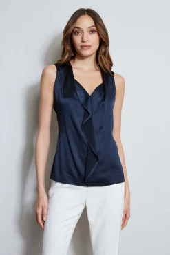Elie Tahari Silk Satin Sleeveless Cascade Shirt- Tops & Sweaters