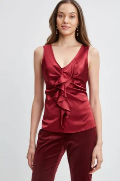 Elie Tahari Silk Satin Sleeveless Ruffle Top- Tops & Sweaters