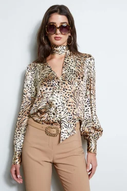 Elie Tahari Silk Satin Winter Safari Shirt- Tops & Sweaters