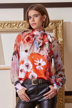 Elie Tahari Silk Satin Wintergarden Chiffon Sleeve Shirt- Tops & Sweaters
