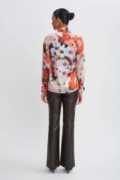 Elie Tahari Silk Satin Wintergarden Chiffon Sleeve Shirt- Tops & Sweaters
