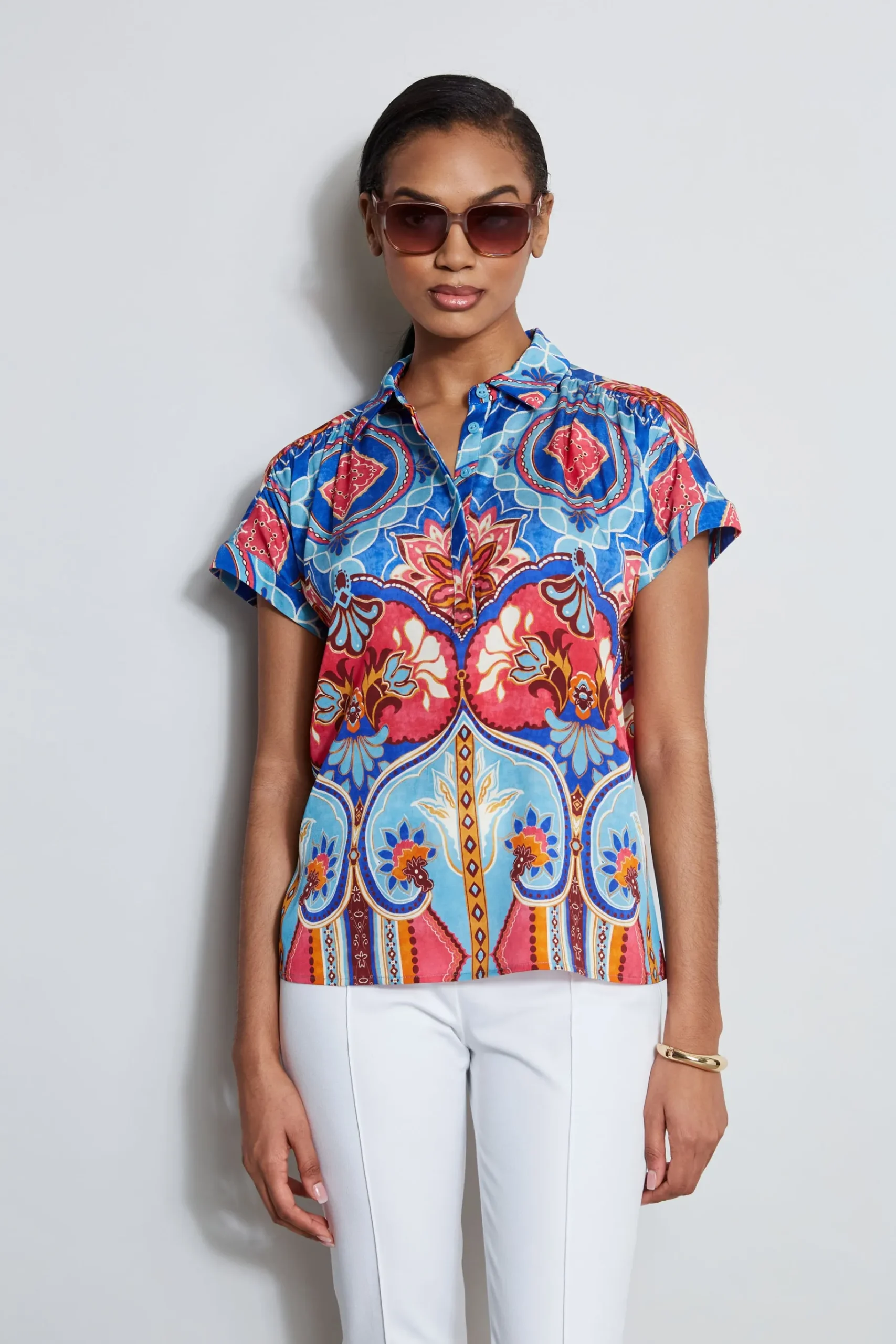 Elie Tahari Silk Tapestry Floral Shirt- Tops & Sweaters