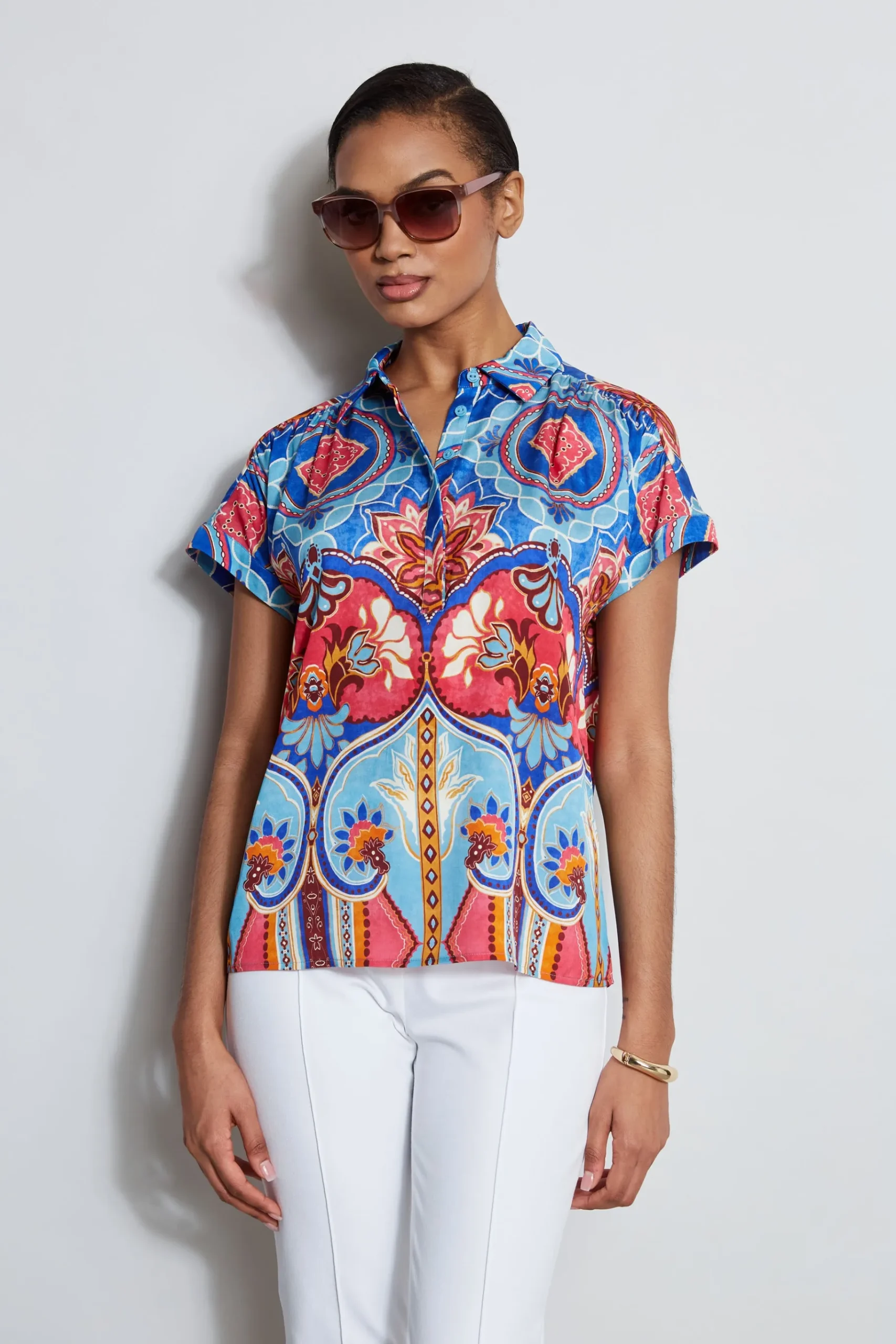 Elie Tahari Silk Tapestry Floral Shirt- Tops & Sweaters