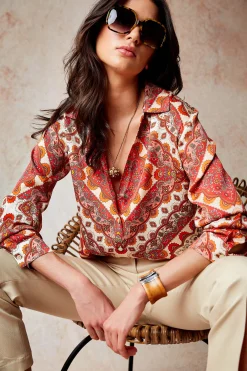 Elie Tahari Silk Tile Print Button Down Shirt- Tops & Sweaters