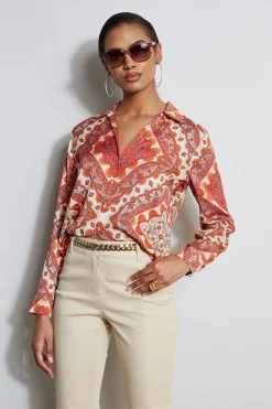 Elie Tahari Silk Tile Print Button Down Shirt- Tops & Sweaters
