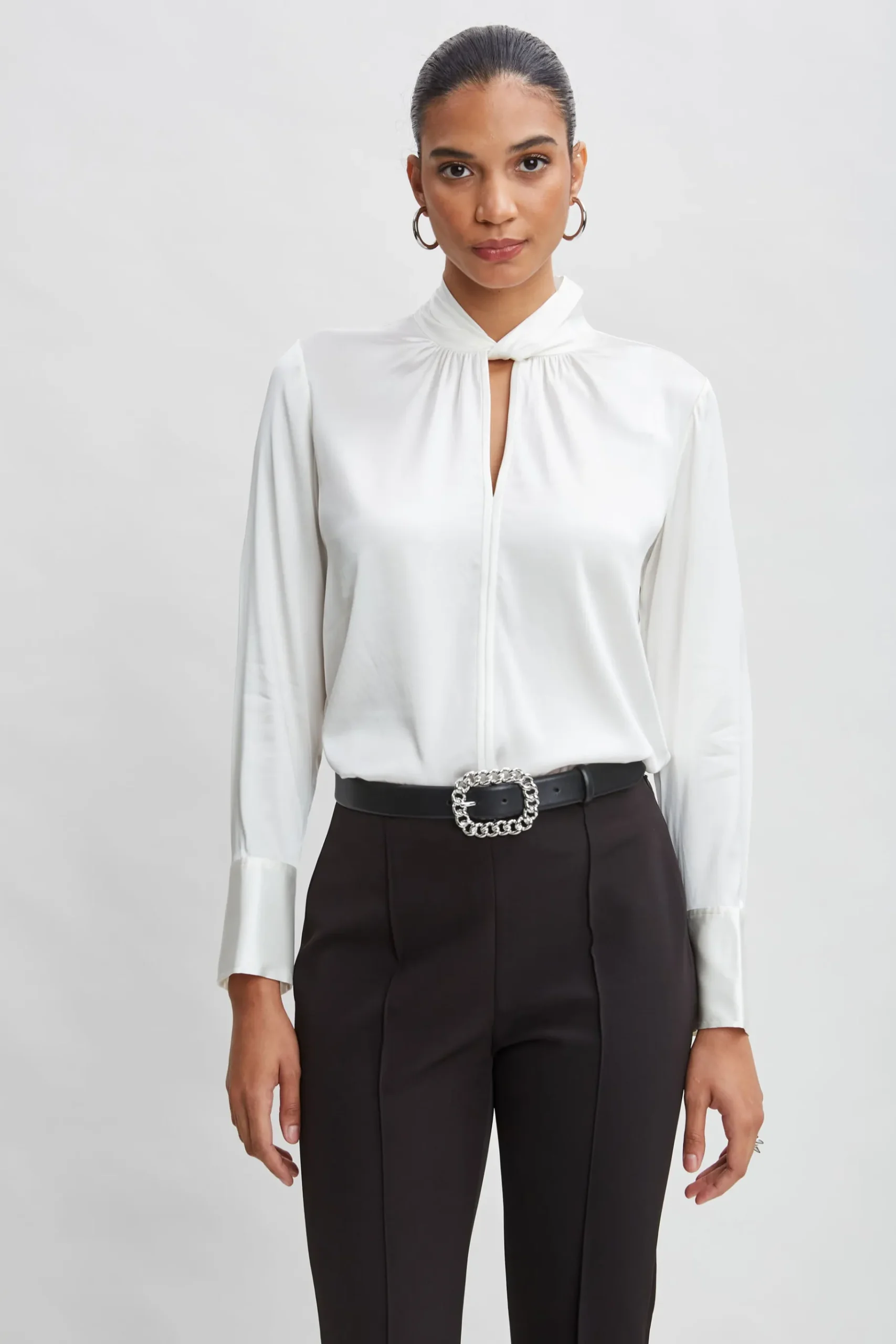 Elie Tahari Silk Twist Neck Shirt- Tops & Sweaters|Suiting