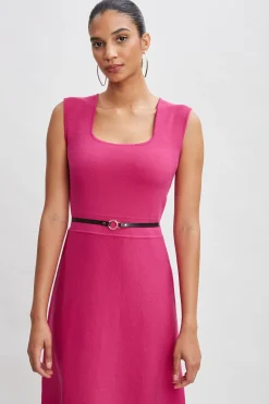 Elie Tahari Square Neck Belted Sweater Dress- Dresses & Jumpsuits|Sleeveless Dresses