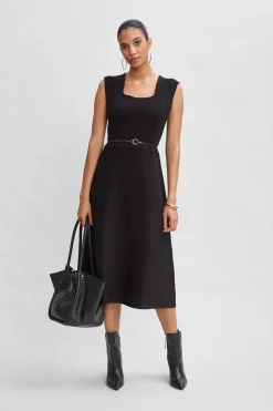 Elie Tahari Square Neck Belted Sweater Dress- Dresses & Jumpsuits|Sleeveless Dresses