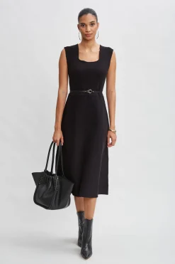 Elie Tahari Square Neck Belted Sweater Dress- Dresses & Jumpsuits|Sleeveless Dresses