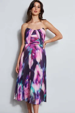 Elie Tahari Strapless Pleated Print Midi Dress- Dresses & Jumpsuits|Sleeveless Dresses