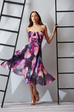 Elie Tahari Strapless Pleated Print Midi Dress- Dresses & Jumpsuits|Sleeveless Dresses
