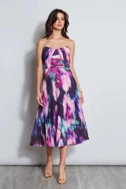 Elie Tahari Strapless Pleated Print Midi Dress- Dresses & Jumpsuits|Sleeveless Dresses