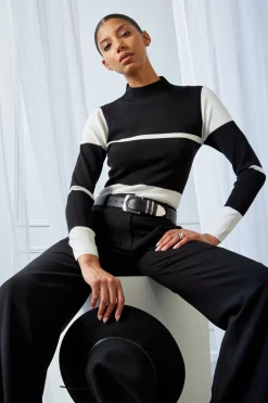 Elie Tahari Stripe Mock Neck Sweater- Tops & Sweaters