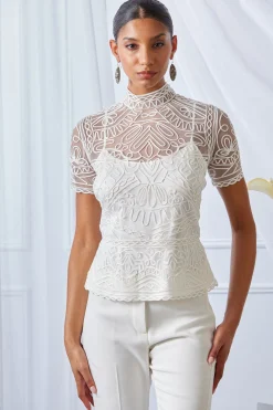 Elie Tahari Tape Applique Mock Neck Shirt- Tops & Sweaters