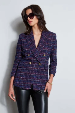 Elie Tahari Tweed Ruched Sleeve Double Breasted Blazer- Jackets & Blazers|Suiting