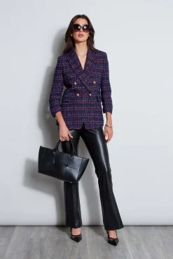 Elie Tahari Tweed Ruched Sleeve Double Breasted Blazer- Jackets & Blazers|Suiting