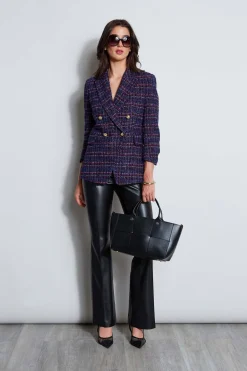 Elie Tahari Tweed Ruched Sleeve Double Breasted Blazer- Jackets & Blazers|Suiting