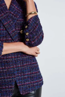 Elie Tahari Tweed Ruched Sleeve Double Breasted Blazer- Jackets & Blazers|Suiting