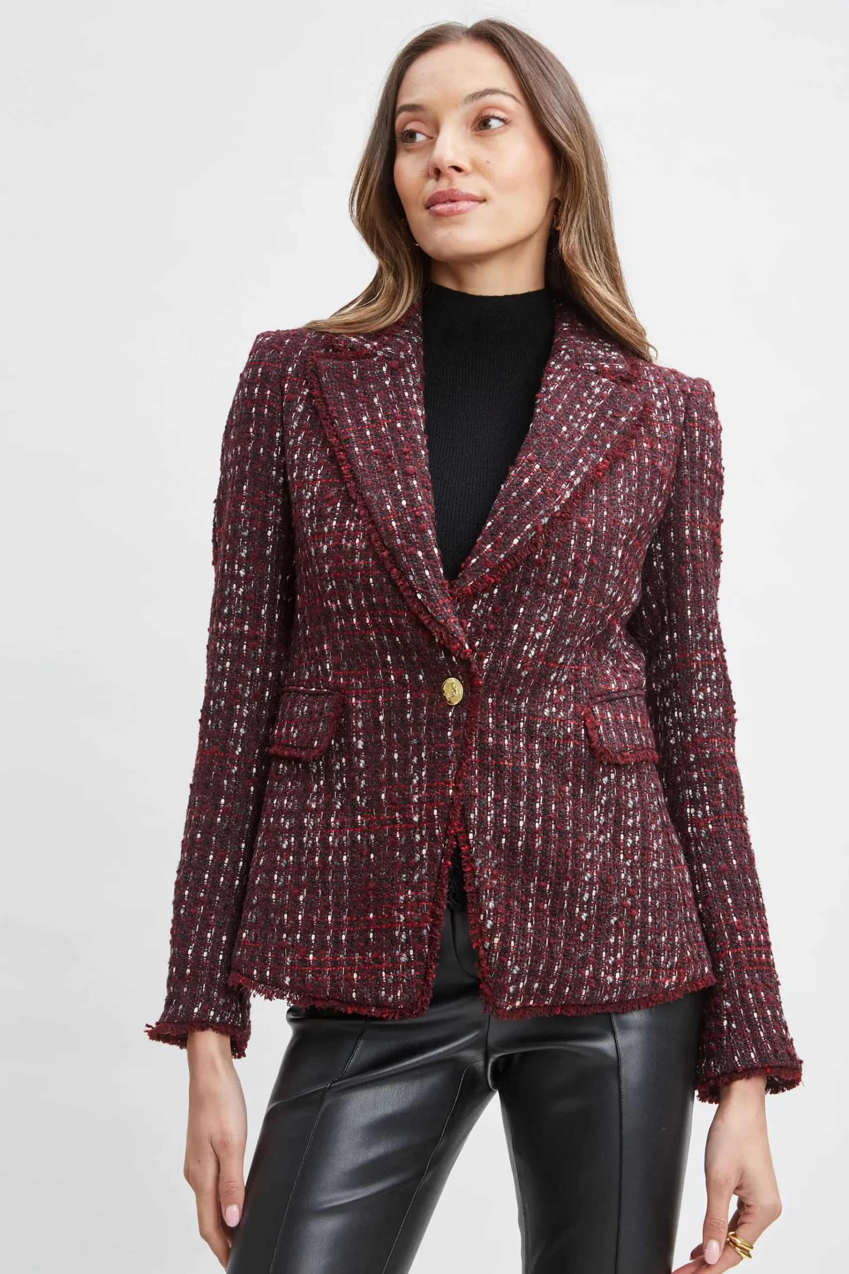Elie Tahari Tweed Single Button Blazer- Jackets & Blazers|Suiting
