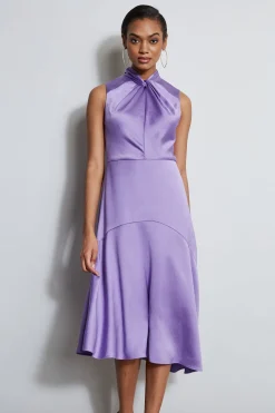 Elie Tahari Twist Neck Satin Dress- Dresses & Jumpsuits|Sleeveless Dresses