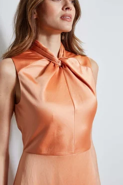 Elie Tahari Twist Neck Satin Dress- Dresses & Jumpsuits|Sleeveless Dresses
