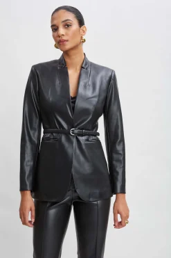 Elie Tahari Vegan Leather Belted Blazer- Jackets & Blazers|Suiting
