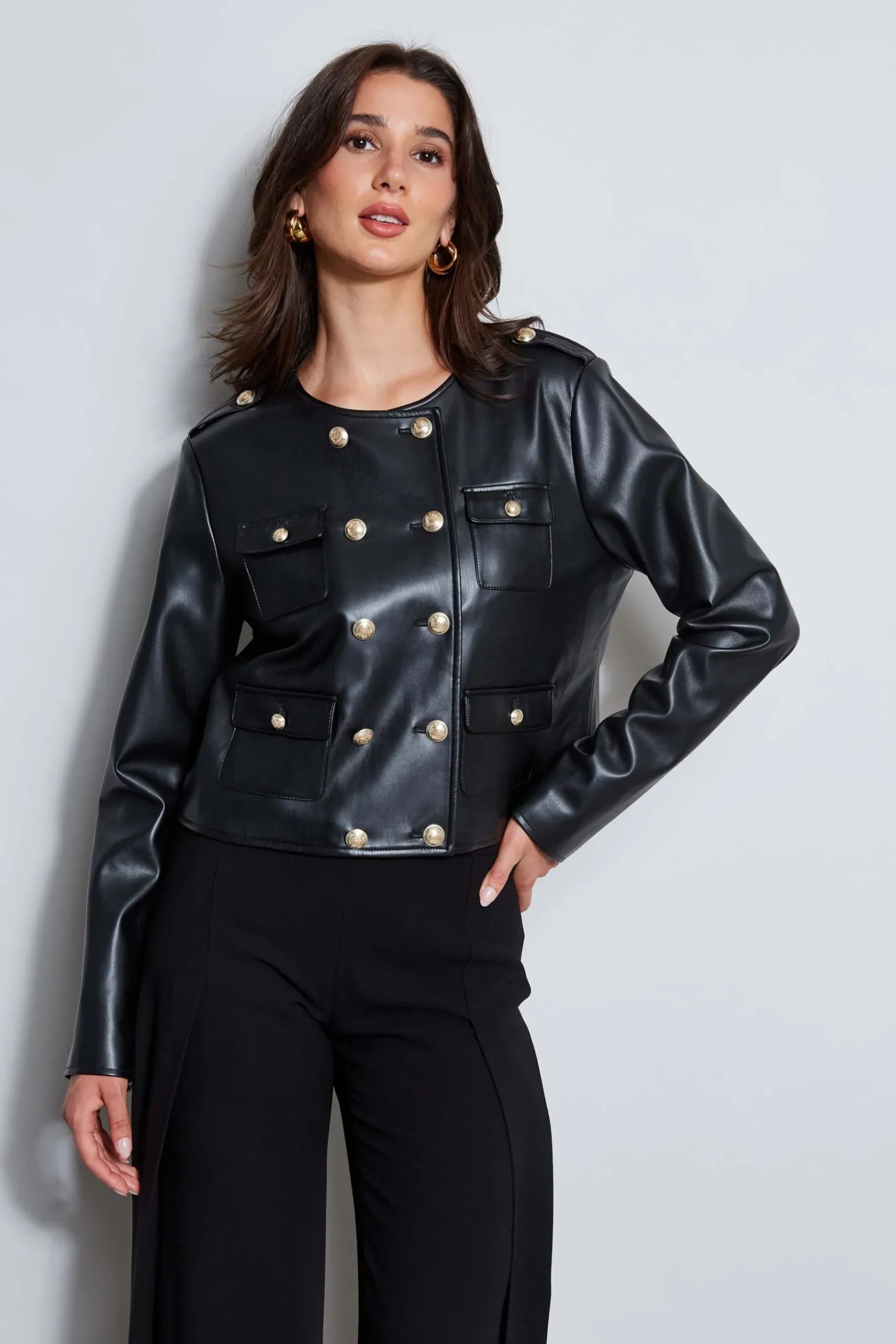 Elie Tahari Vegan Leather Crest Button Jacket- Jackets & Blazers|Suiting