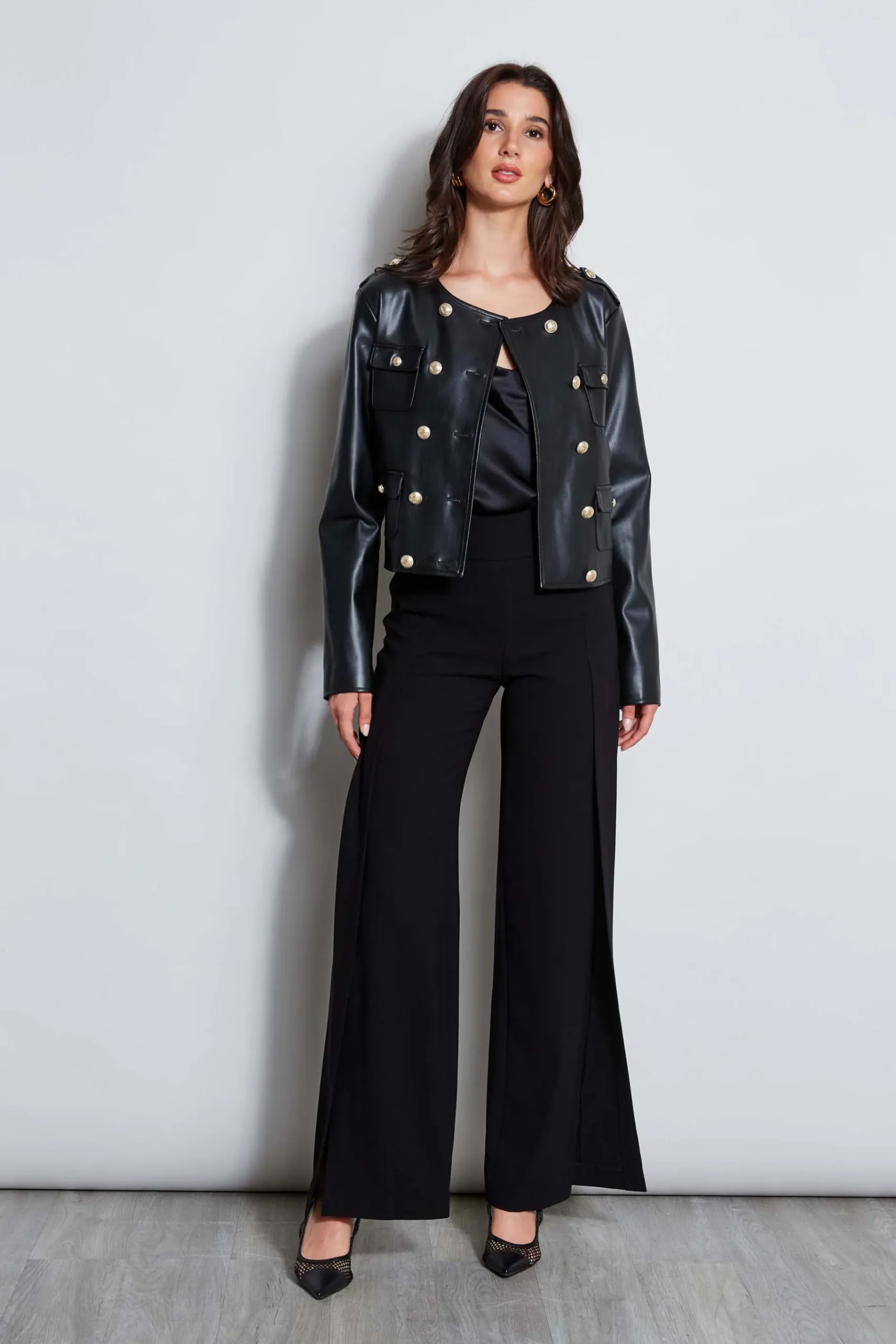 Elie Tahari Vegan Leather Crest Button Jacket- Jackets & Blazers|Suiting