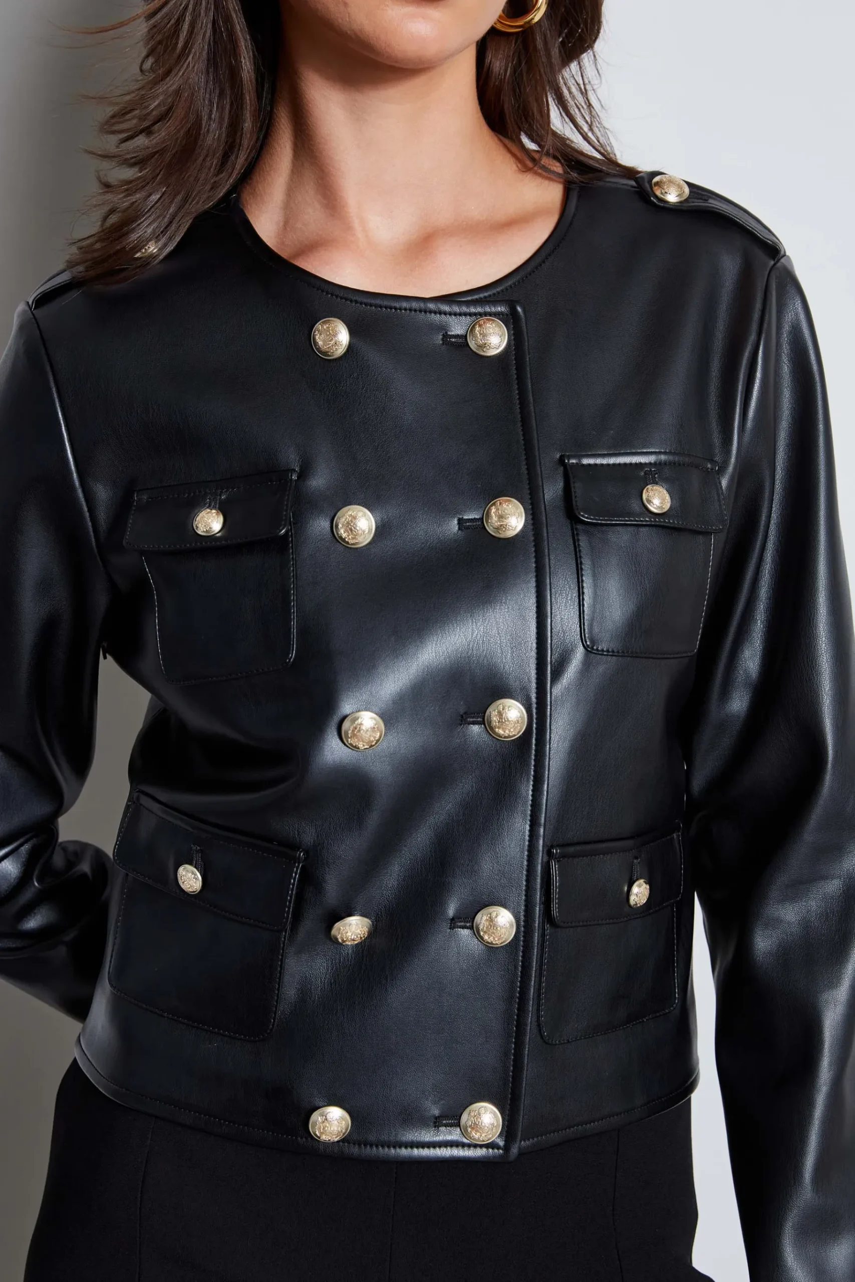 Elie Tahari Vegan Leather Crest Button Jacket- Jackets & Blazers|Suiting