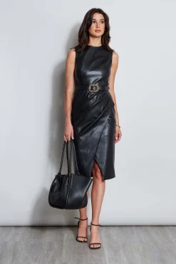 Elie Tahari Vegan Leather Dart Wrap Dress- Dresses & Jumpsuits|Sleeveless Dresses