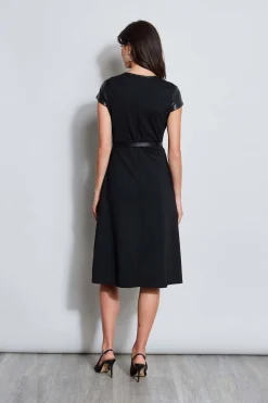 Elie Tahari Vegan Leather Short Sleeve Belted Knit Dress- Dresses & Jumpsuits|Suiting