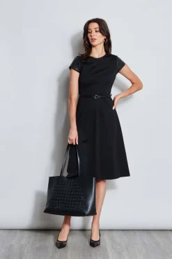 Elie Tahari Vegan Leather Short Sleeve Belted Knit Dress- Dresses & Jumpsuits|Suiting
