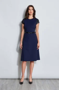 Elie Tahari Vegan Leather Short Sleeve Belted Knit Dress- Dresses & Jumpsuits|Suiting