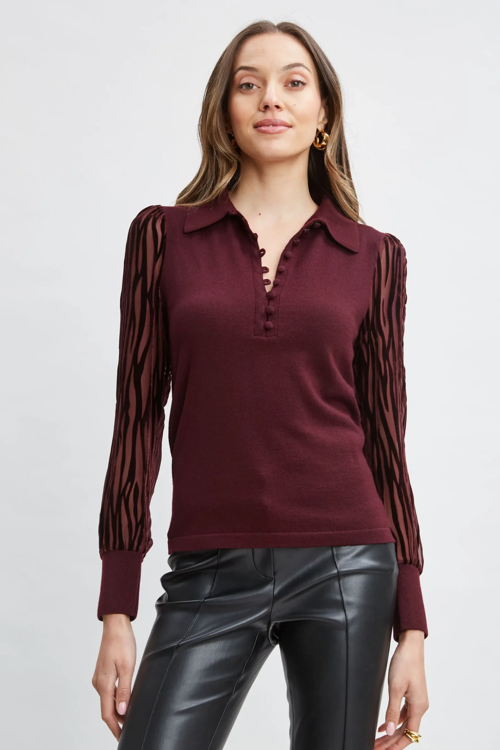 Elie Tahari Velvet Burnout Sleeve Polo Sweater- Tops & Sweaters
