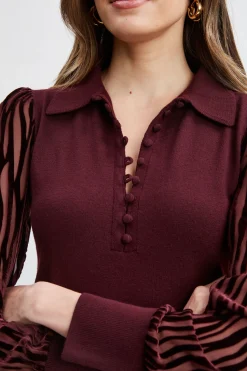 Elie Tahari Velvet Burnout Sleeve Polo Sweater- Tops & Sweaters