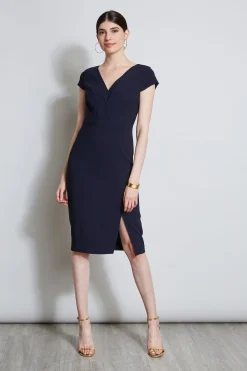 Elie Tahari V-Neck Crepe Dress- Dresses & Jumpsuits|Short Sleeve Dresses